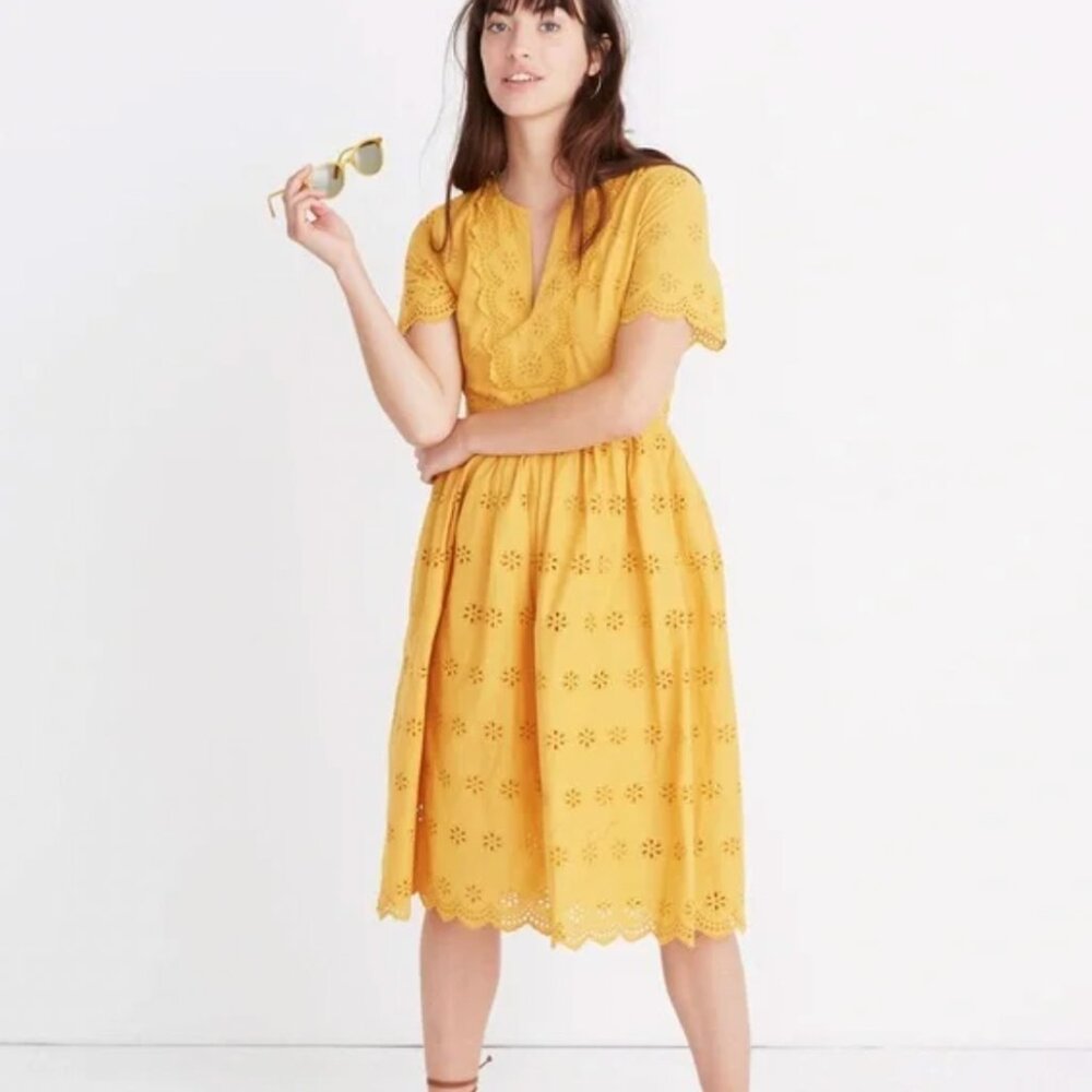 Madewell Yellow Eyelet Scalloped midi dress Cotton Size 8P Cottage Retro Modest